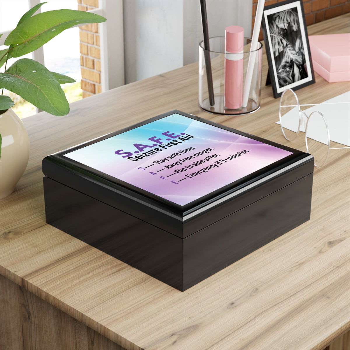 S.A.F.E. Seizure First Aid Black Jewelry Box – Epilepsy Awareness Keepsake - Decor, Jewelry Boxes - EpiAl's Shop