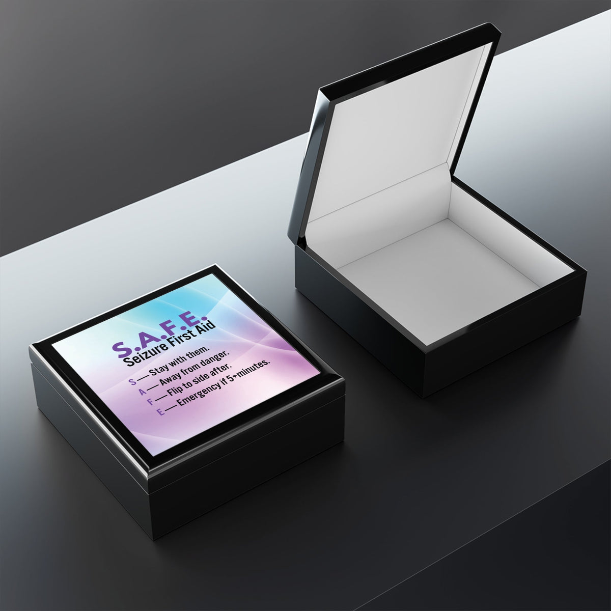 S.A.F.E. Seizure First Aid Black Jewelry Box – Epilepsy Awareness Keepsake - Decor, Jewelry Boxes - EpiAl's Shop