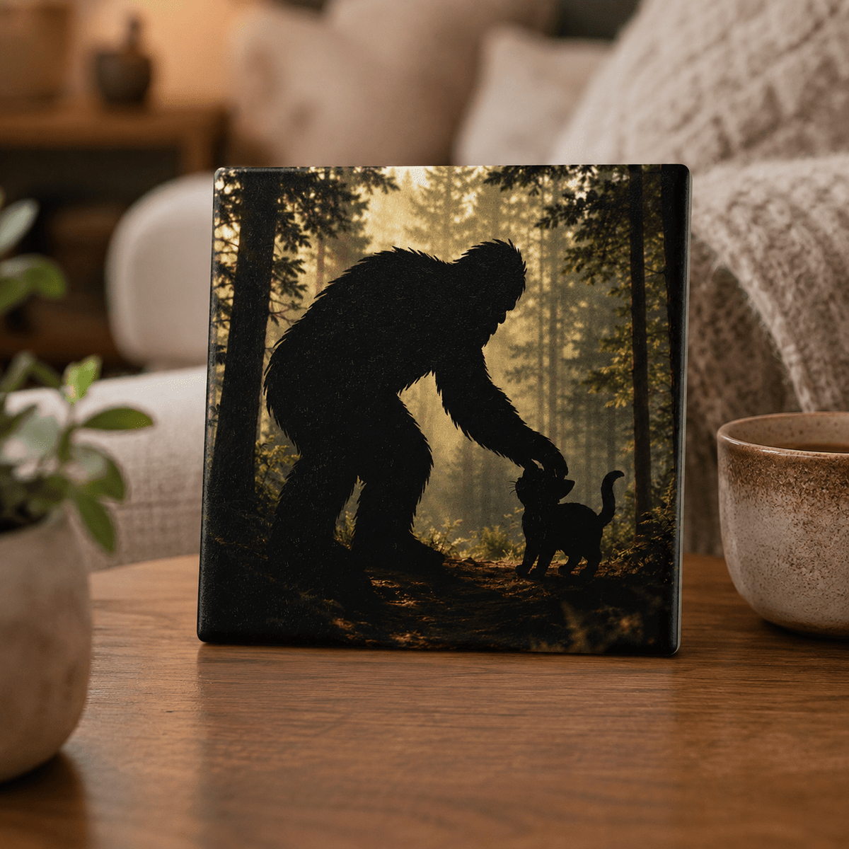 Sasquatch & Cat Ceramic Coaster - Decor, Coasters - EpiAl's Shop
