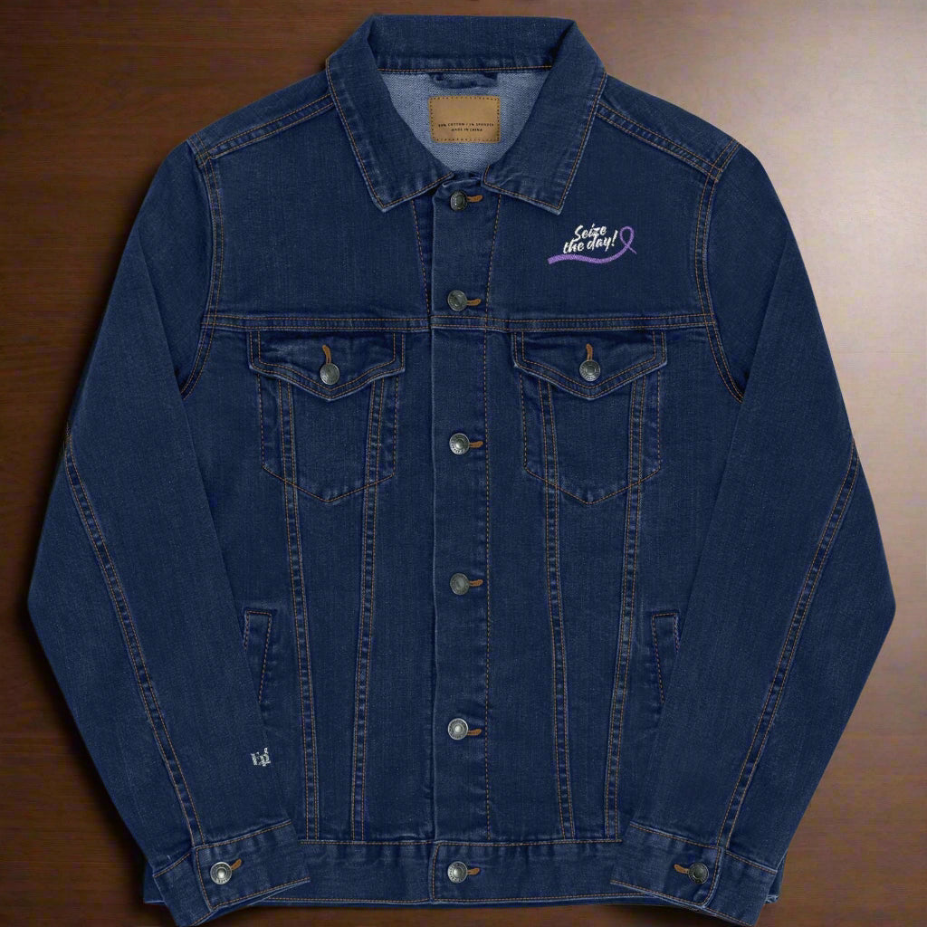 Seize the Day Denim Jacket with Embroidered Purple Ribbon - Clothing, Coats & Jackets - EpiAl's Shop