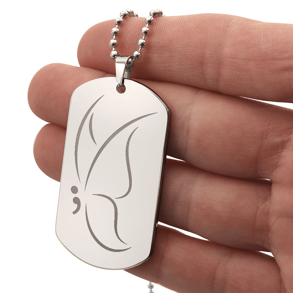 Semicolon Butterfly Engraved Dog Tag Necklace | Suicide Awareness Jewelry - Jewelry, Necklaces - EpiAl's Shop