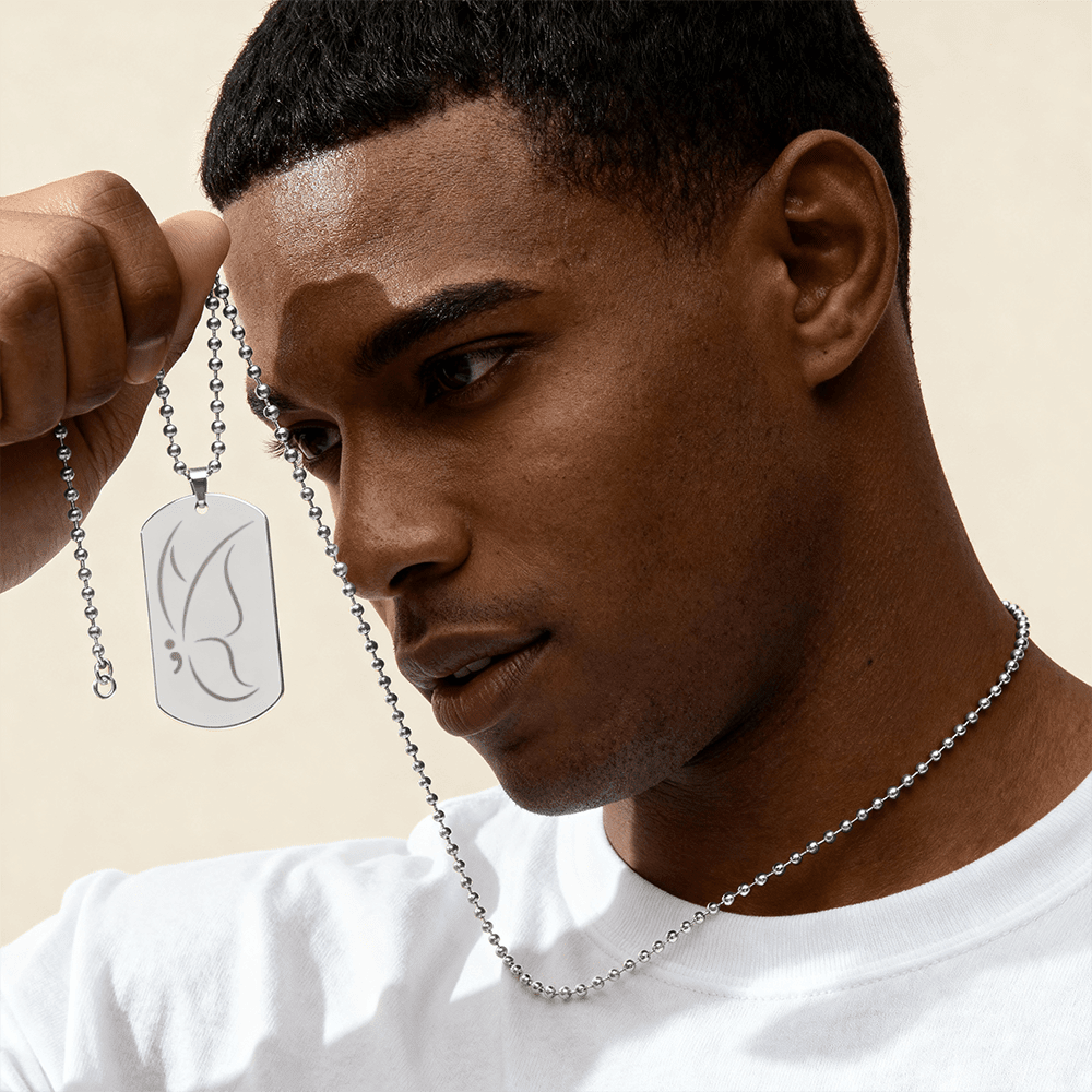 Semicolon Butterfly Engraved Dog Tag Necklace | Suicide Awareness Jewelry - Jewelry, Necklaces - EpiAl's Shop