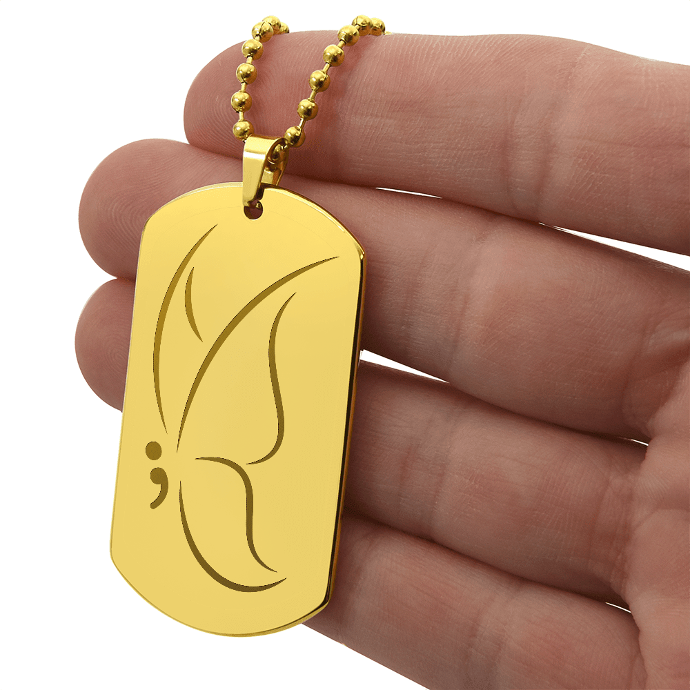Semicolon Butterfly Engraved Dog Tag Necklace | Suicide Awareness Jewelry - Jewelry, Necklaces - EpiAl's Shop