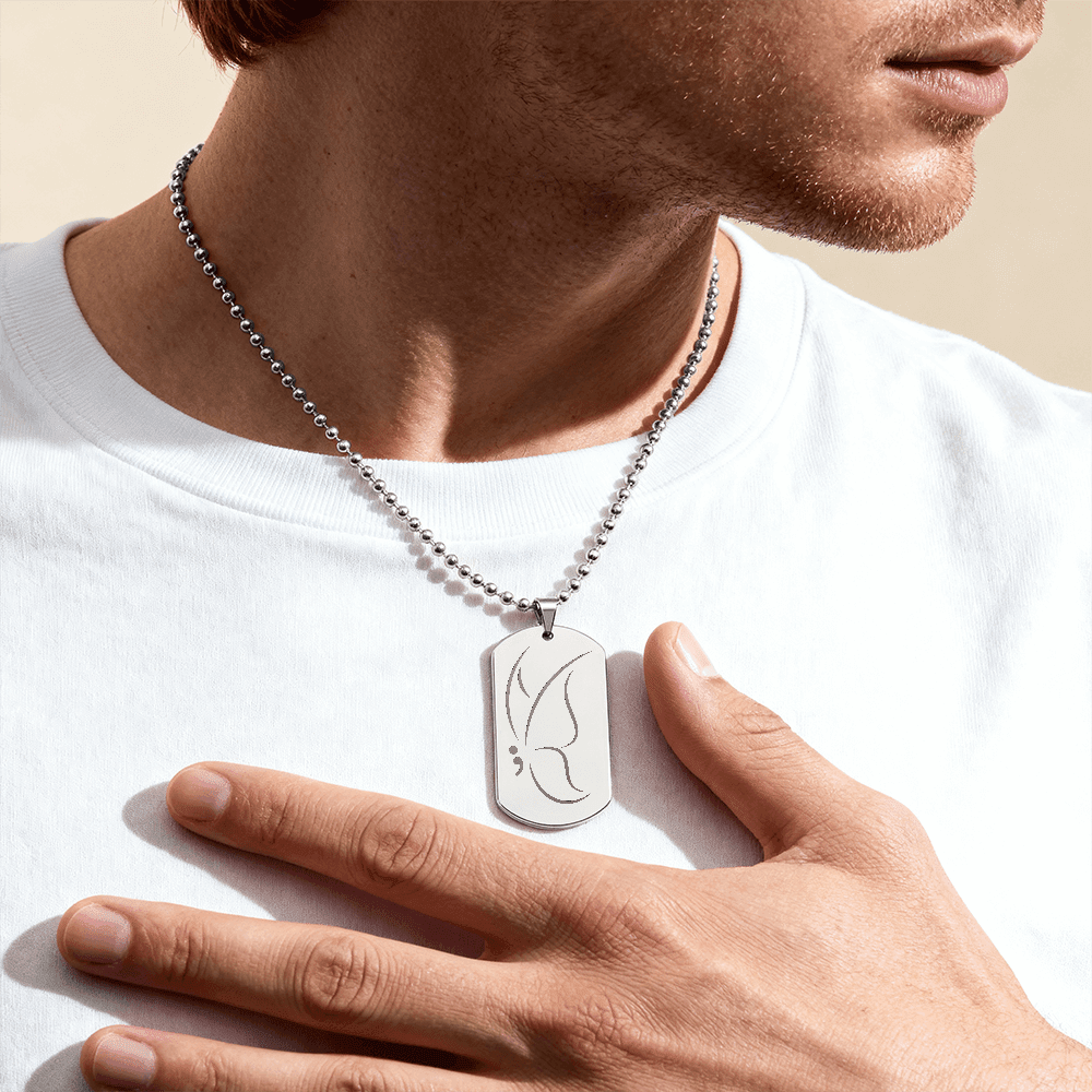 Semicolon Butterfly Engraved Dog Tag Necklace | Suicide Awareness Jewelry - Jewelry, Necklaces - EpiAl's Shop