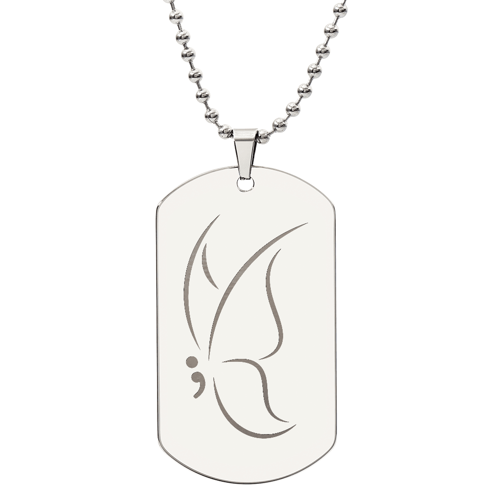 Semicolon Butterfly Engraved Dog Tag Necklace | Suicide Awareness Jewelry - Jewelry, Necklaces - EpiAl's Shop