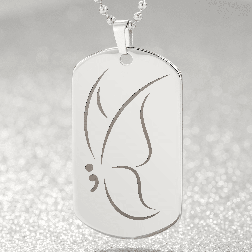 Semicolon Butterfly Engraved Dog Tag Necklace | Suicide Awareness Jewelry - Jewelry, Necklaces - EpiAl's Shop