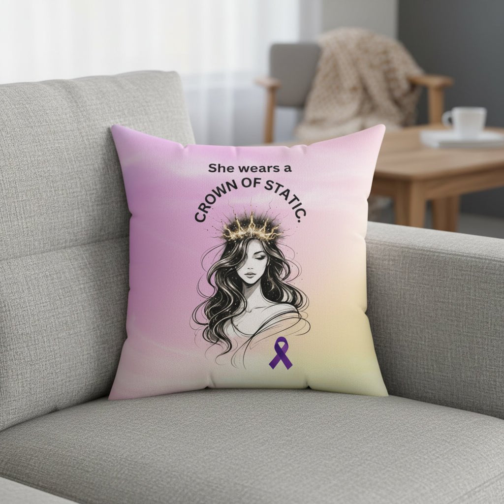 She Wears a Crown of Static – Epilepsy Awareness Throw Pillow - Decor, Pillows, Throw - EpiAl's Shop