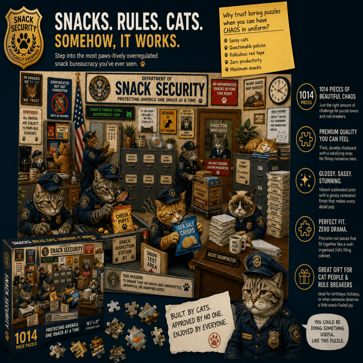 Snack Security Cat Puzzle | 1014 Piece Faux Government Office Jigsaw Puzzle - Toys & Games, Puzzles - EpiAl's Shop