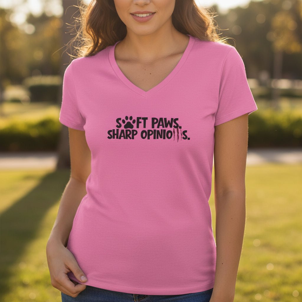 Soft Paws, Sharp Opinions Women’s V-Neck Tee - Clothing, Women, T-Shirts - EpiAl's Shop