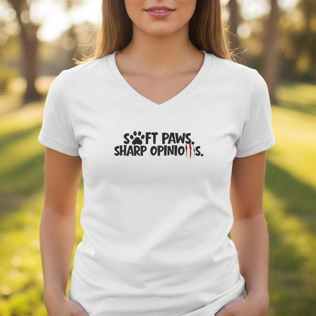 Soft Paws, Sharp Opinions Women’s V-Neck Tee - Clothing, Women, T-Shirts - EpiAl's Shop