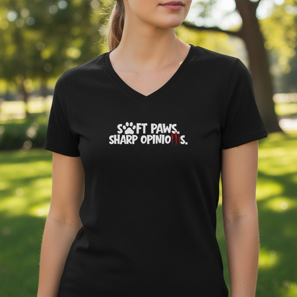 Soft Paws, Sharp Opinions Women’s V-Neck Tee - Clothing, Women, T-Shirts - EpiAl's Shop