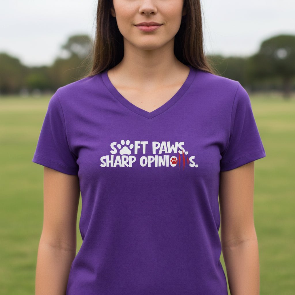 Soft Paws, Sharp Opinions Women’s V-Neck Tee - Clothing, Women, T-Shirts - EpiAl's Shop