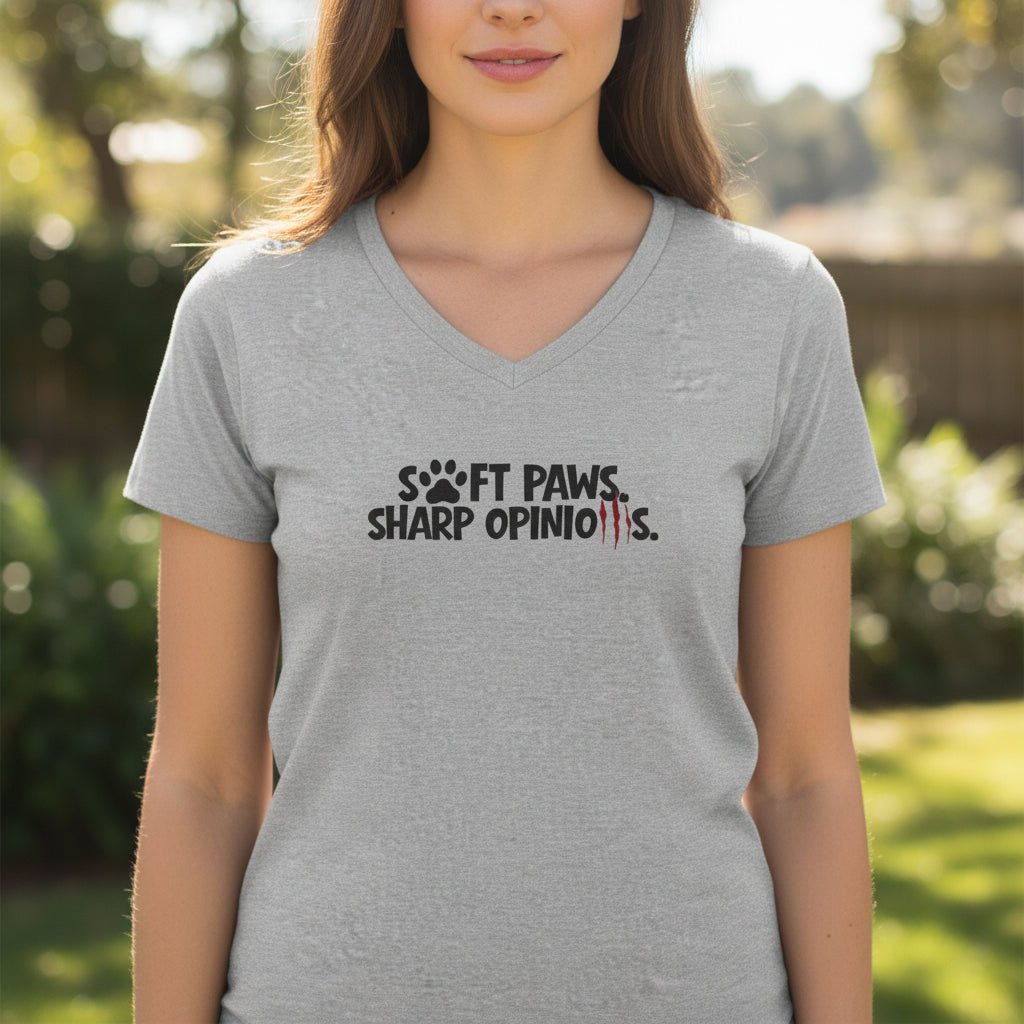 Soft Paws, Sharp Opinions Women’s V-Neck Tee - Clothing, Women, T-Shirts - EpiAl's Shop