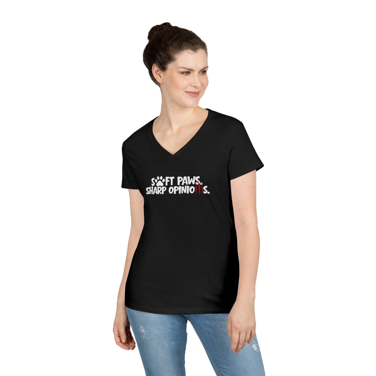 Soft Paws, Sharp Opinions Women’s V-Neck Tee - Clothing, Women, T-Shirts - EpiAl's Shop
