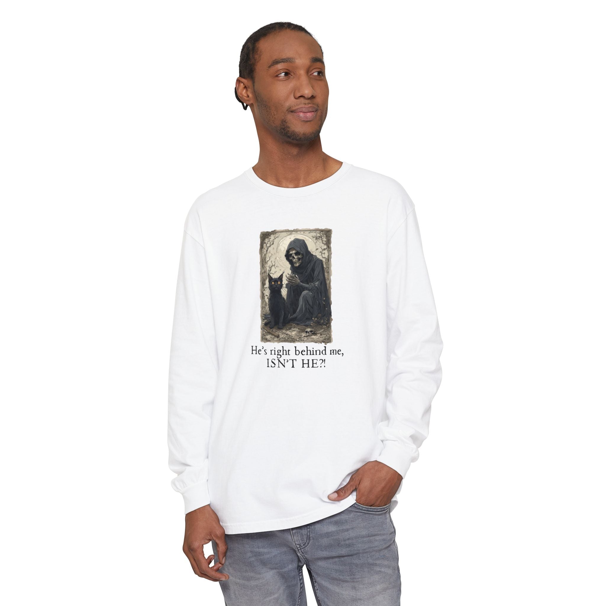 Spooky Cat & Grim Reaper Long Sleeve T-Shirt - Clothing, T-shirts, Long - Sleeve - EpiAl's Shop