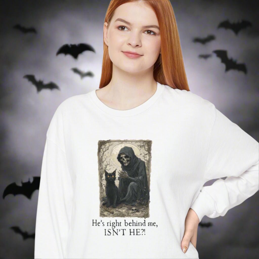 Spooky Cat & Grim Reaper Long Sleeve T-Shirt - Clothing, T-shirts, Long - Sleeve - EpiAl's Shop