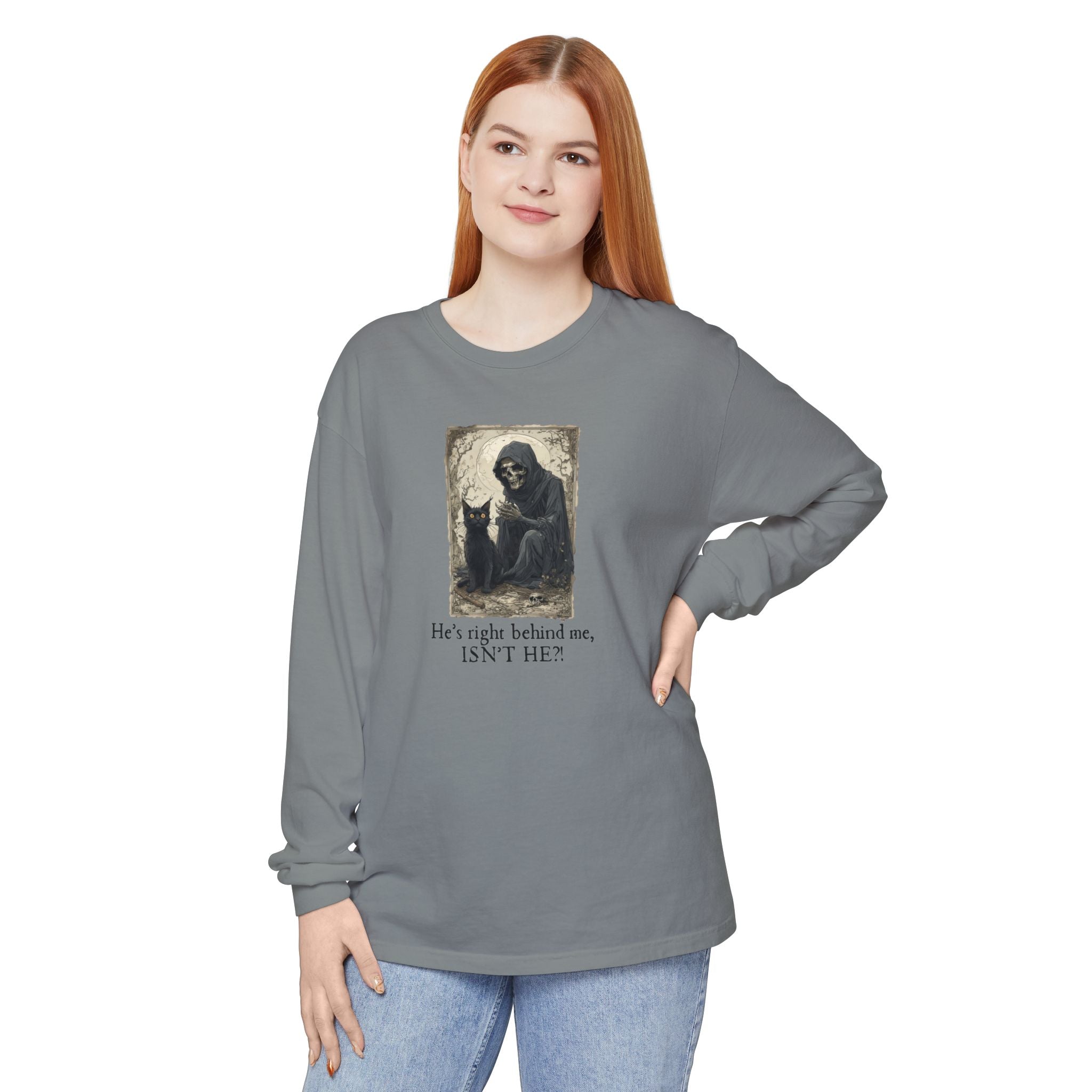Spooky Cat & Grim Reaper Long Sleeve T-Shirt - Clothing, T-shirts, Long - Sleeve - EpiAl's Shop
