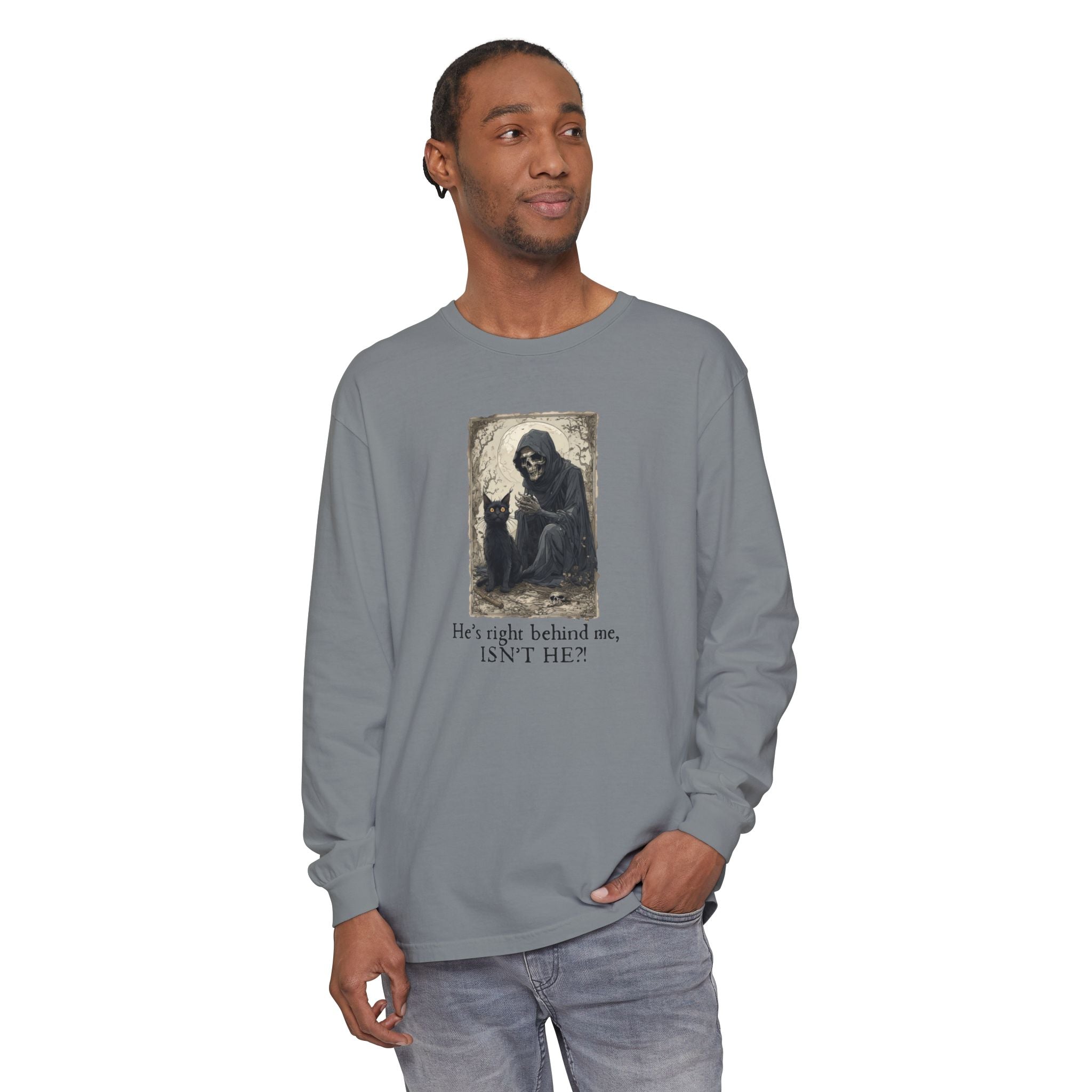 Spooky Cat & Grim Reaper Long Sleeve T-Shirt - Clothing, T-shirts, Long - Sleeve - EpiAl's Shop