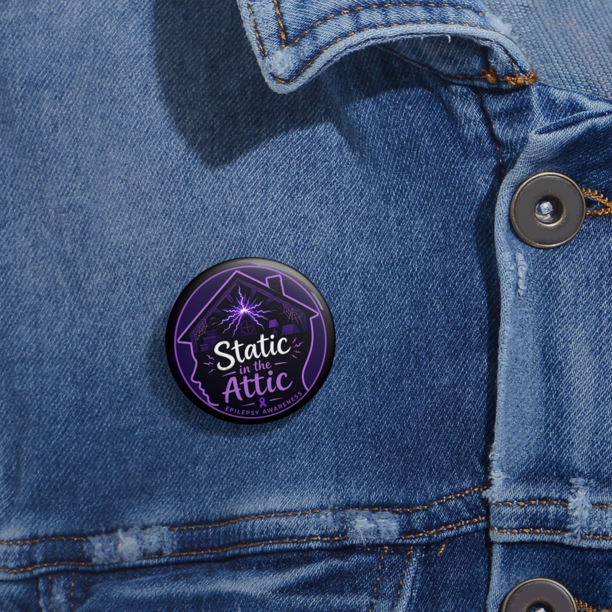 Static in the Attic Epilepsy Awareness Pin Button | Purple Brain Static Badge - Buttons, Pinback - EpiAl's Shop
