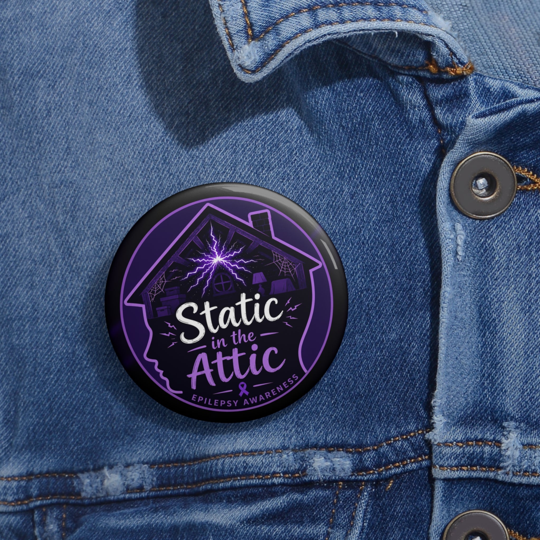 Static in the Attic Epilepsy Awareness Pin Button | Purple Brain Static Badge - Buttons, Pinback - EpiAl's Shop