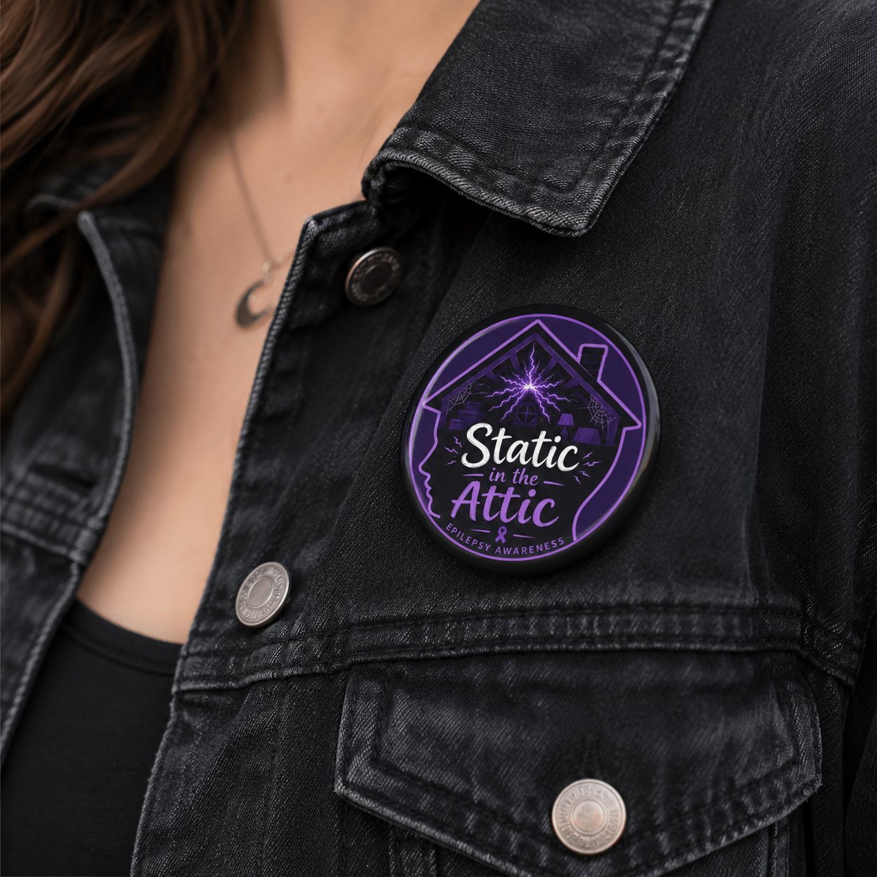 Static in the Attic Epilepsy Awareness Pin Button | Purple Brain Static Badge - Buttons, Pinback - EpiAl's Shop