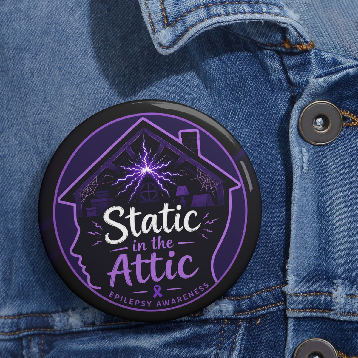 Static in the Attic Epilepsy Awareness Pin Button | Purple Brain Static Badge - Buttons, Pinback - EpiAl's Shop
