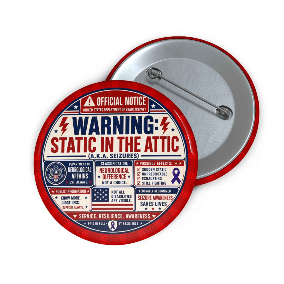 Static in the Attic Patriotic Pinback Button | Epilepsy Awareness Warning Badge - Buttons, Pinback - EpiAl's Shop