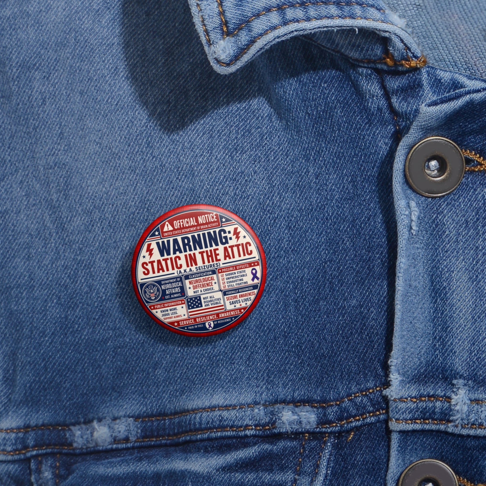 Static in the Attic Patriotic Pinback Button | Epilepsy Awareness Warning Badge - Buttons, Pinback - EpiAl's Shop