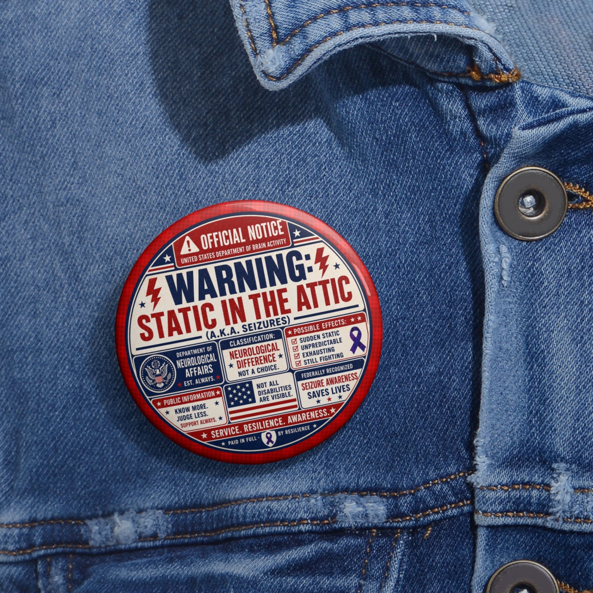Static in the Attic Patriotic Pinback Button | Epilepsy Awareness Warning Badge - Buttons, Pinback - EpiAl's Shop