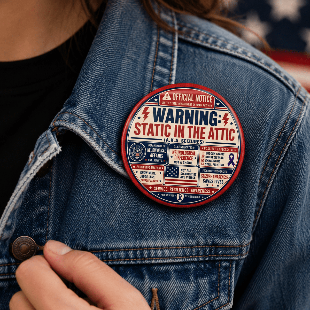 Static in the Attic Patriotic Pinback Button | Epilepsy Awareness Warning Badge - Buttons, Pinback - EpiAl's Shop