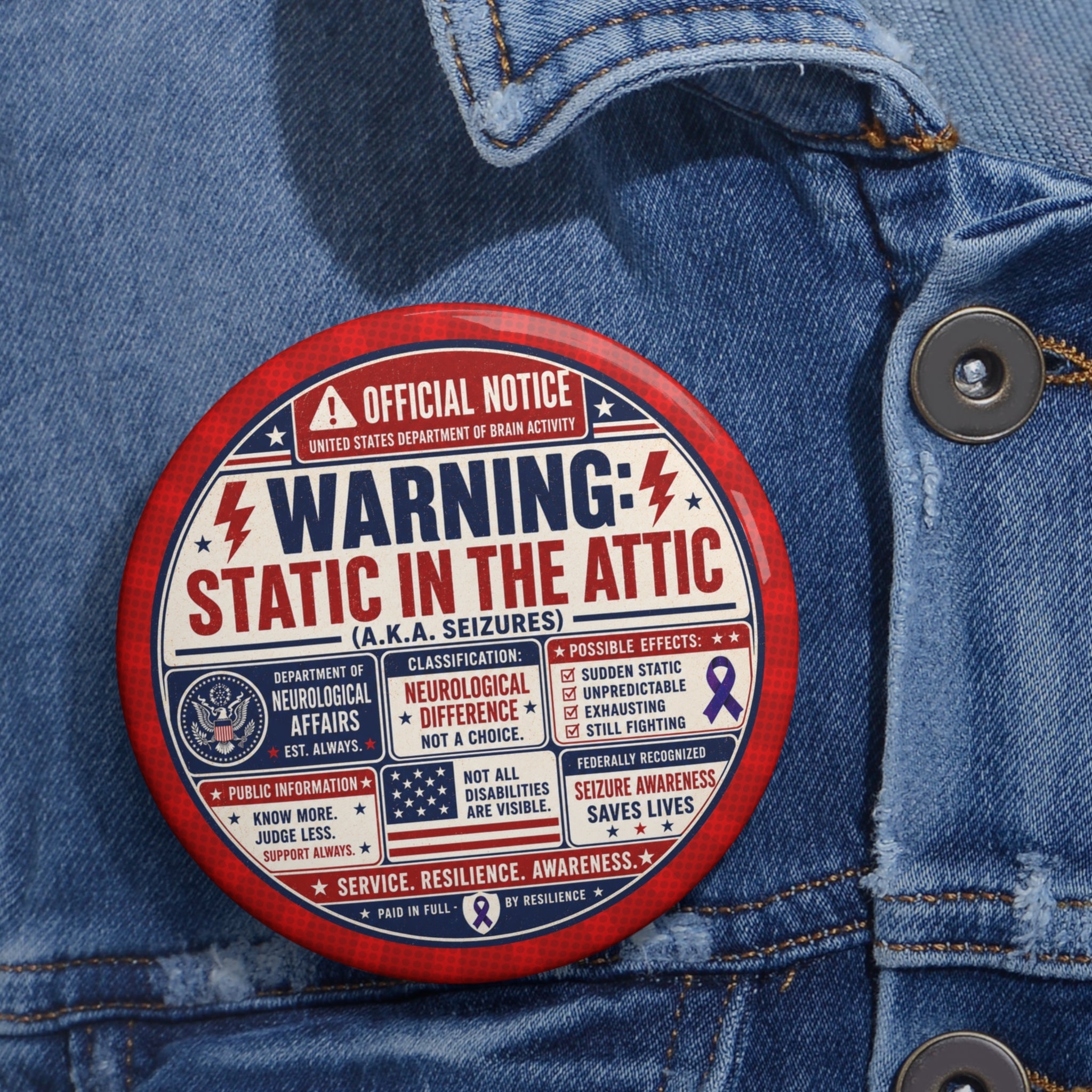 Static in the Attic Patriotic Pinback Button | Epilepsy Awareness Warning Badge - Buttons, Pinback - EpiAl's Shop