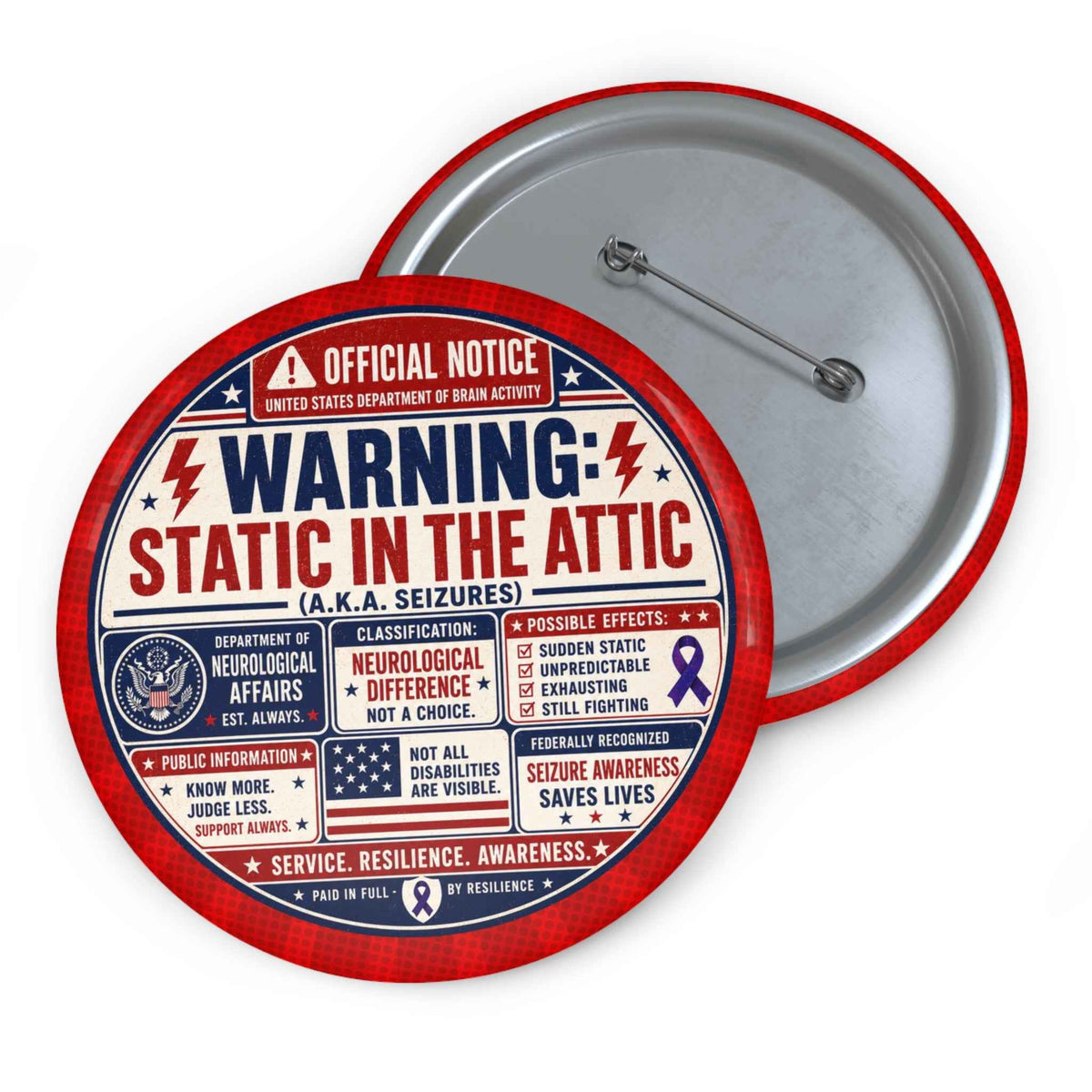 Static in the Attic Patriotic Pinback Button | Epilepsy Awareness Warning Badge - Buttons, Pinback - EpiAl's Shop