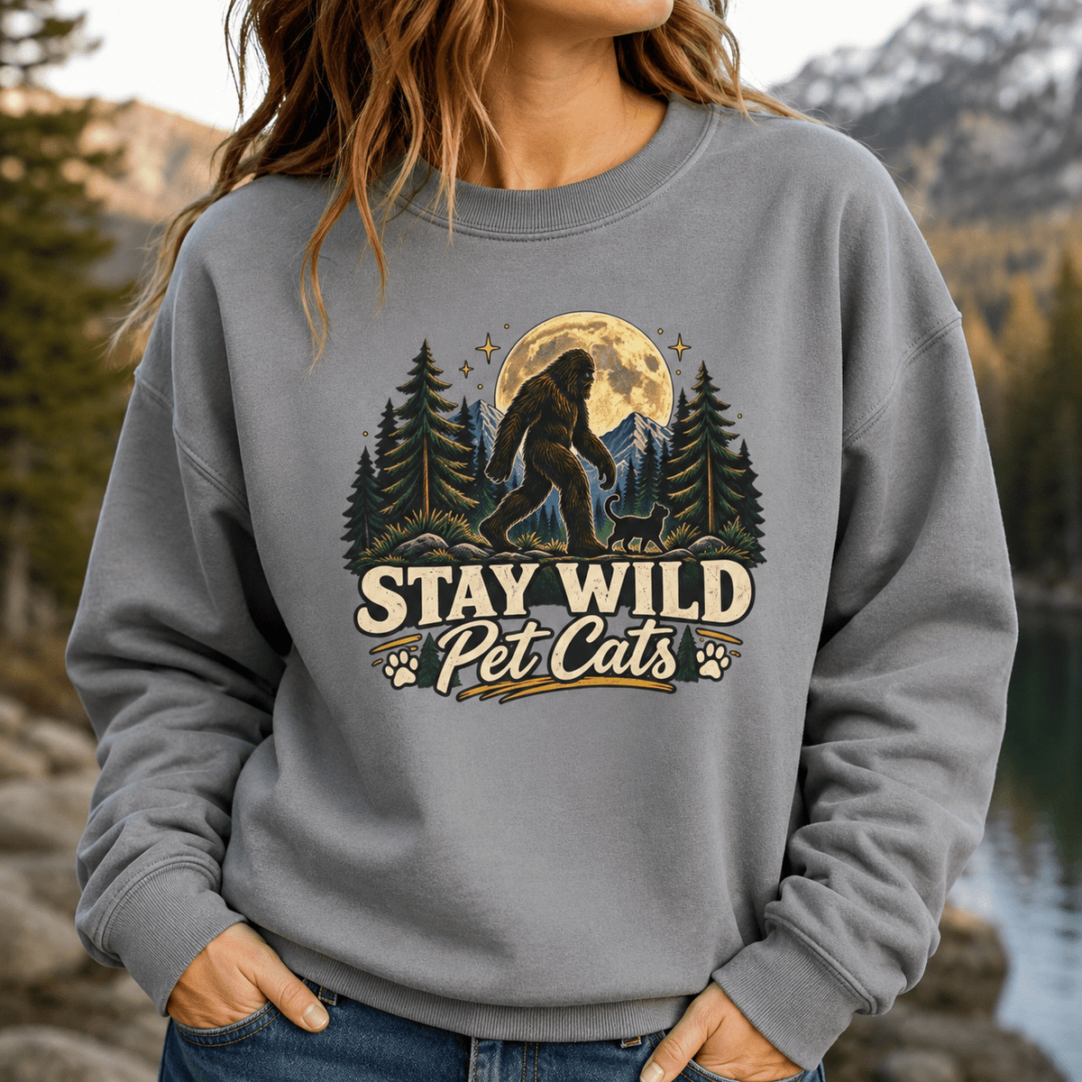 Stay Wild Pet Cats Sasquatch Crewneck Sweatshirt - Clothing, Unisex, Sweatshirts - EpiAl's Shop