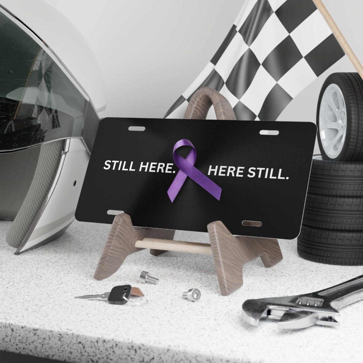 “Still Here. Here Still.” Epilepsy Awareness Vanity Plate – Purple Ribbon - Vehicle License Plates/Tags - EpiAl's Shop