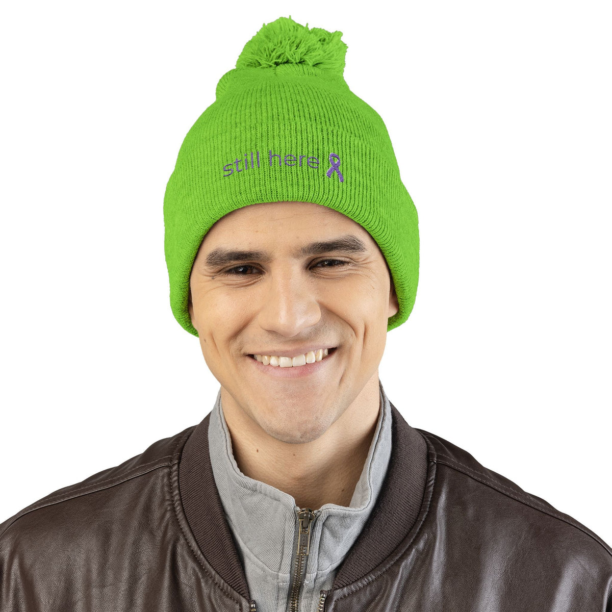 Still Here Pom-Pom Beanie – Epilepsy Awareness Knit Hat with Purple Ribbon - Hats, Beanie - EpiAl's Shop