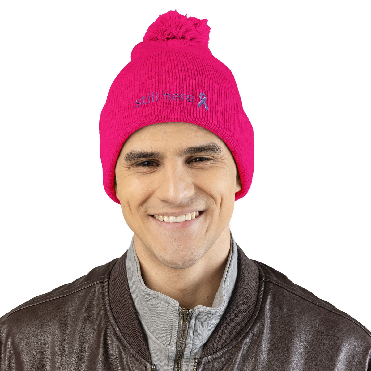 Still Here Pom-Pom Beanie – Epilepsy Awareness Knit Hat with Purple Ribbon - Hats, Beanie - EpiAl's Shop
