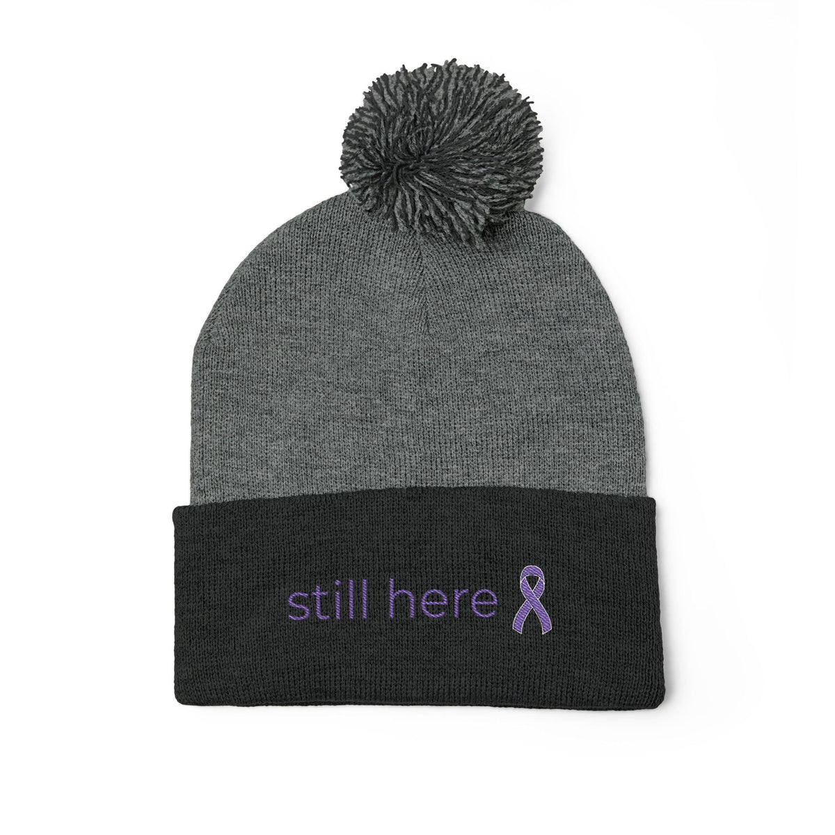 Still Here Pom-Pom Beanie – Epilepsy Awareness Knit Hat with Purple Ribbon - Hats, Beanie - EpiAl's Shop