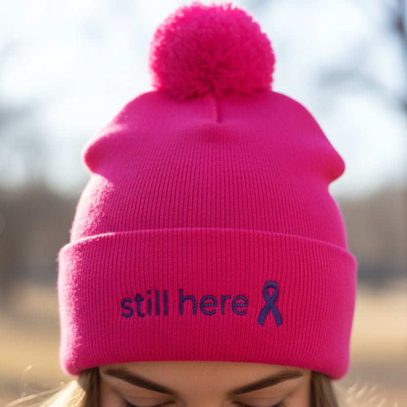 Still Here Pom-Pom Beanie – Epilepsy Awareness Knit Hat with Purple Ribbon - Hats, Beanie - EpiAl's Shop
