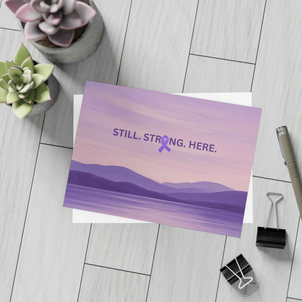 “Still. Strong. Here.” Epilepsy Awareness Postcards — Lavender Horizon (7×5, Sets of 10/30/50) - Paper Products, Greeting Cards - EpiAl's Shop