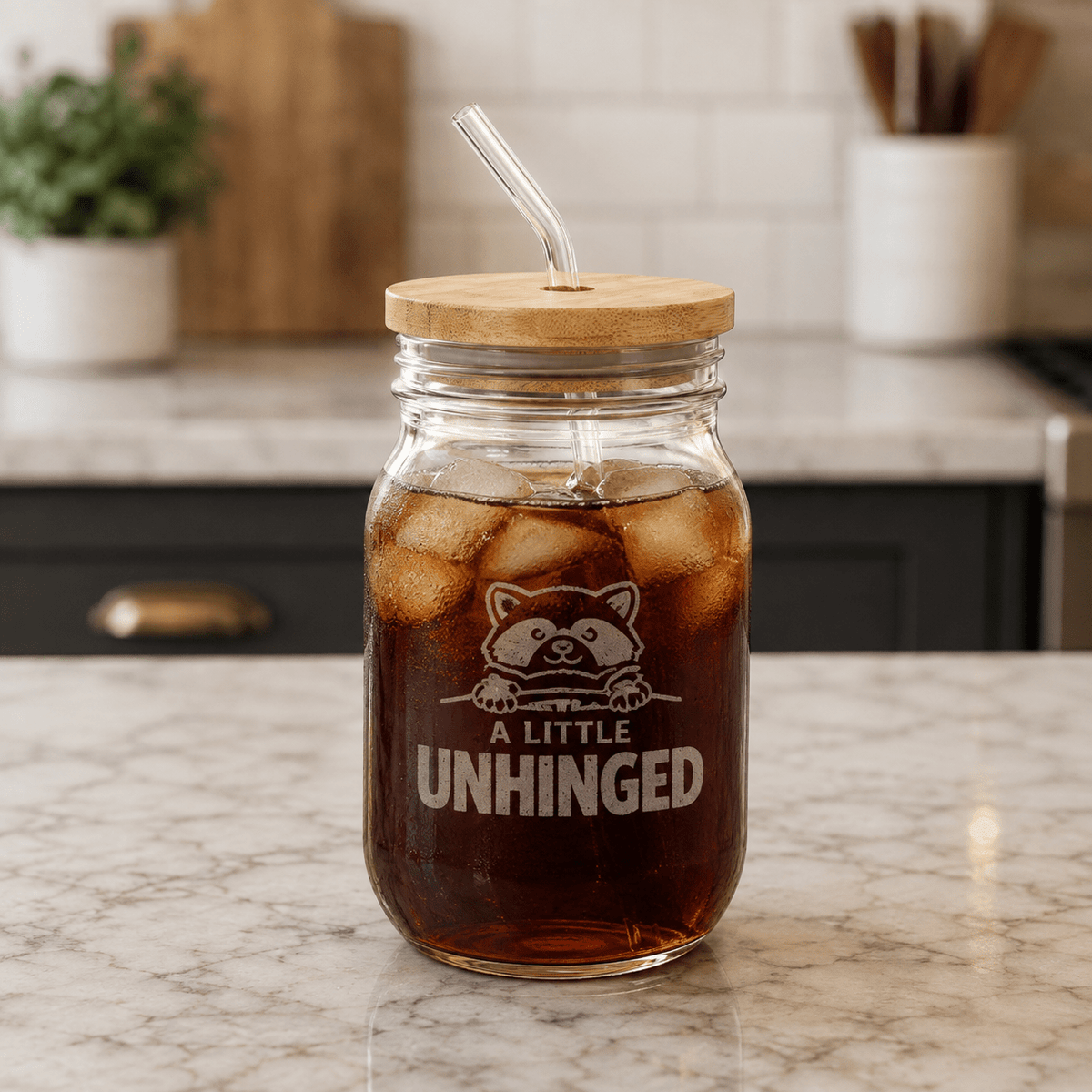 Stubby Jimothy Raccoon “A Little Unhinged” Engraved Glass Sipper with Straw | 16 oz - Drinkware, Glasses - EpiAl's Shop