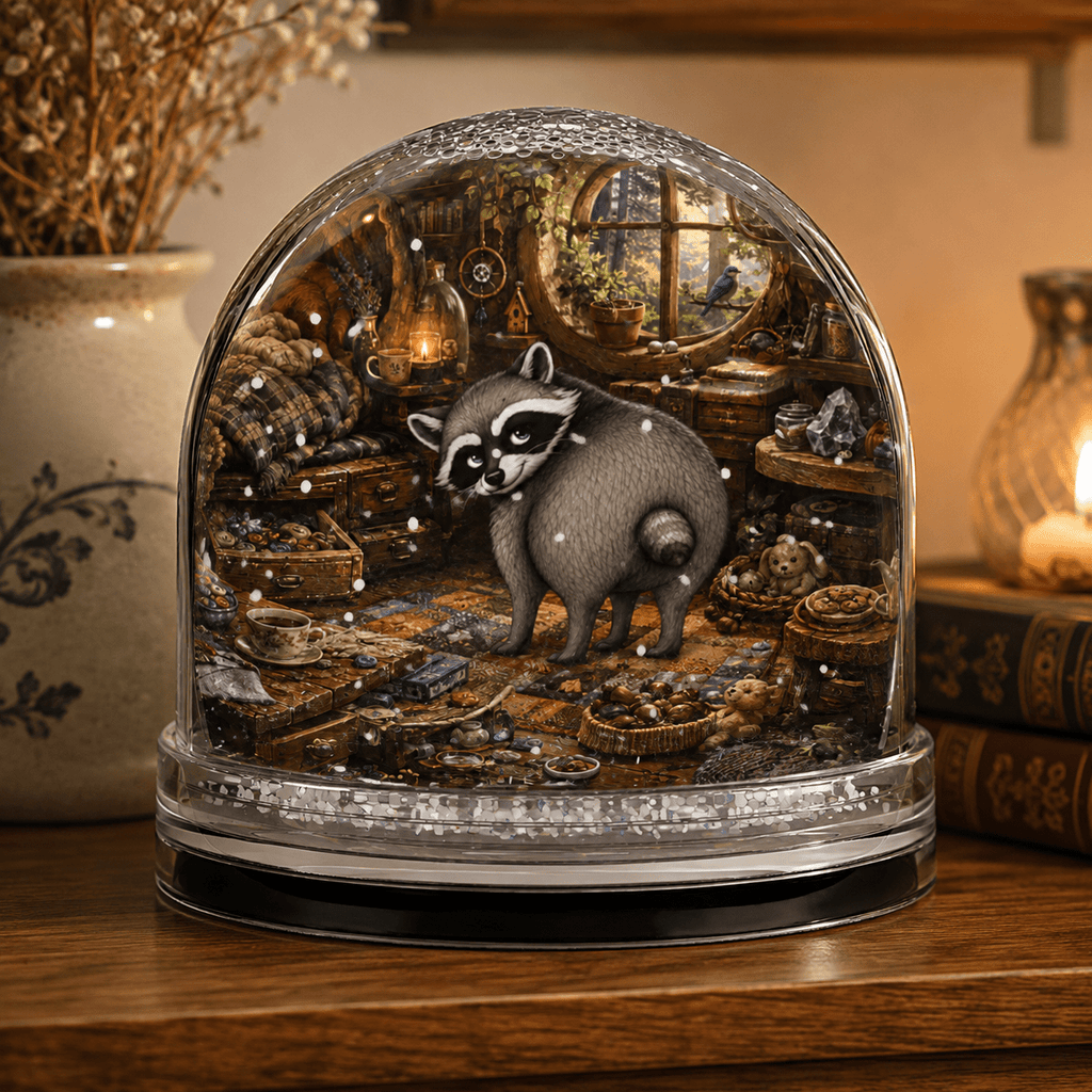 Stubby Jimothy Raccoon Cozy Cabin Snow Globe | Whimsical Raccoon Keepsake - Collectibles, Snow Globes - EpiAl's Shop