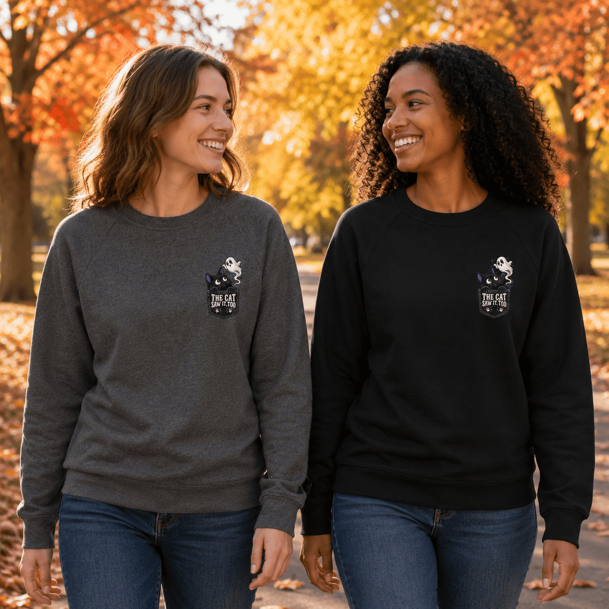 The Cat Saw It, Too Halloween Pocket Crewneck Sweatshirt - Clothing, Unisex, Sweatshirts - EpiAl's Shop