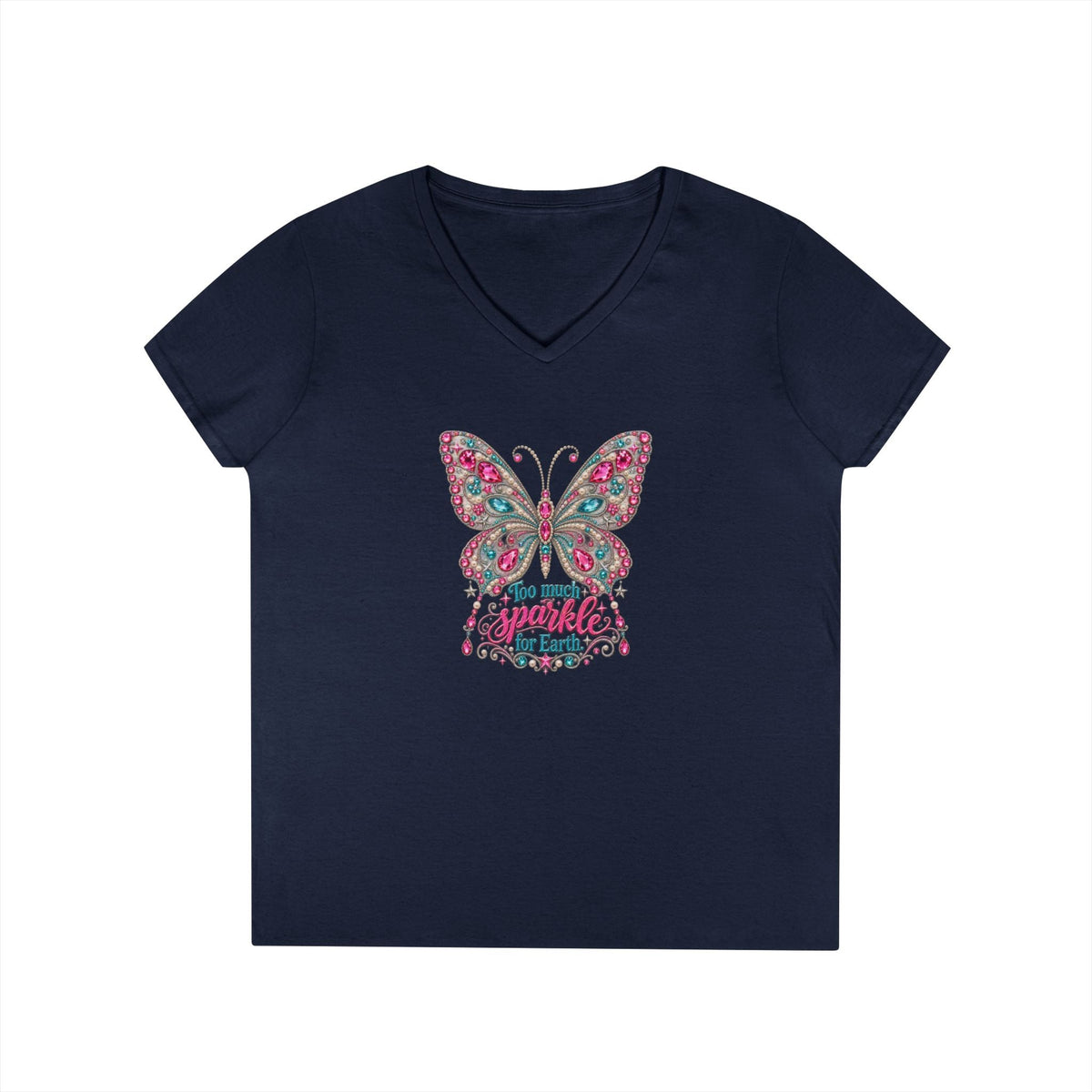 Too Much Sparkle for Earth V-Neck Tee | Rhinestone Butterfly Shirt | Heavenly Country Glam - Clothing, Women, T-Shirts - EpiAl's Shop