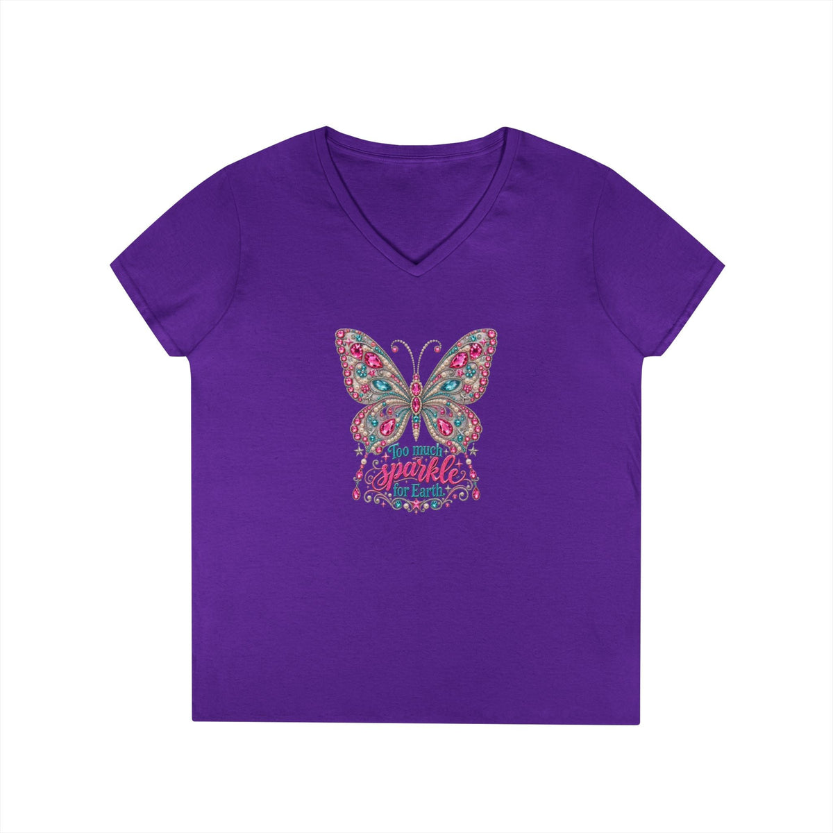 Too Much Sparkle for Earth V-Neck Tee | Rhinestone Butterfly Shirt | Heavenly Country Glam - Clothing, Women, T-Shirts - EpiAl's Shop