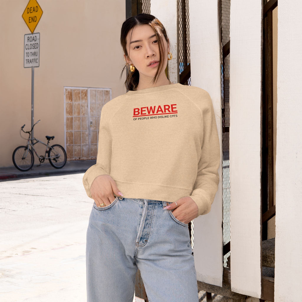 Trendy Cropped Fleece Pullover - Beware of People Who Dislike Cats - Clothing, Sweatshirts, Crop - EpiAl's Shop