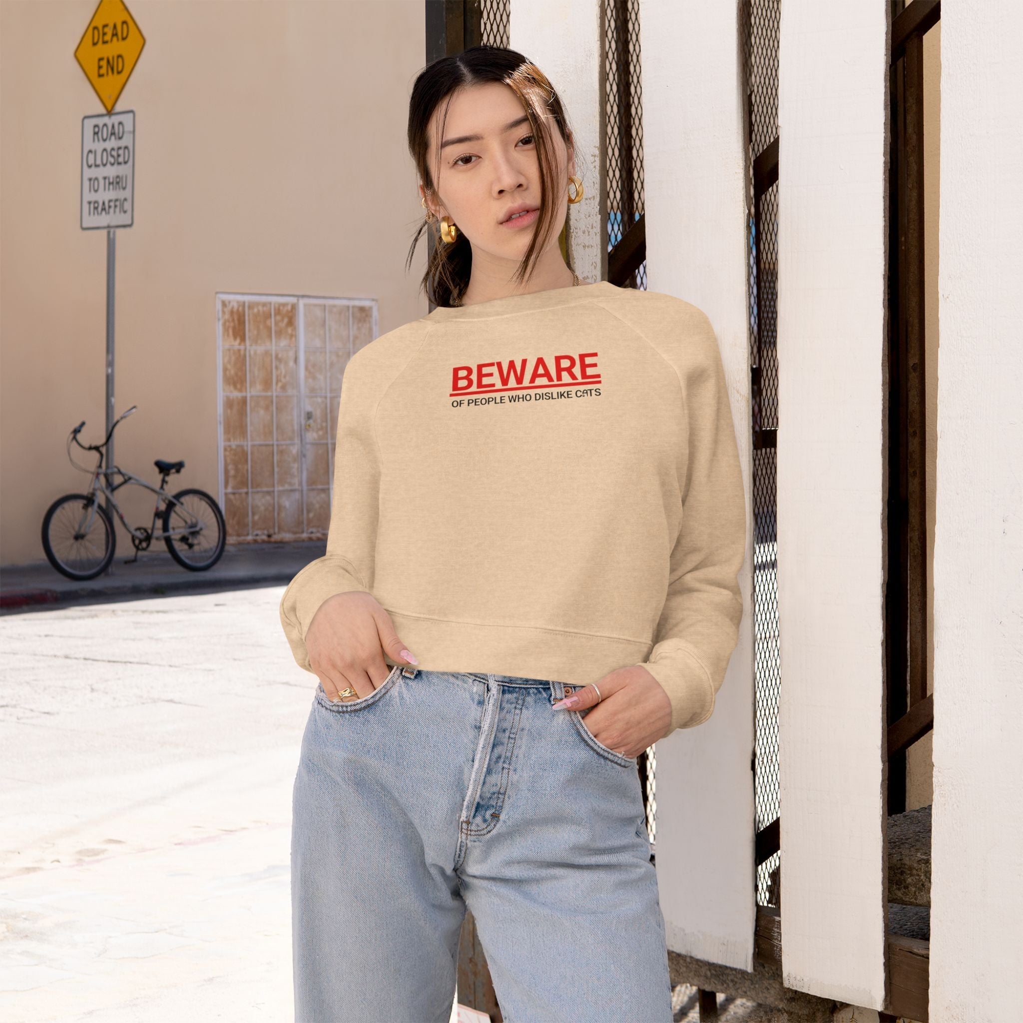 Trendy Cropped Fleece Pullover - Beware of People Who Dislike Cats - Clothing, Sweatshirts, Crop - EpiAl's Shop