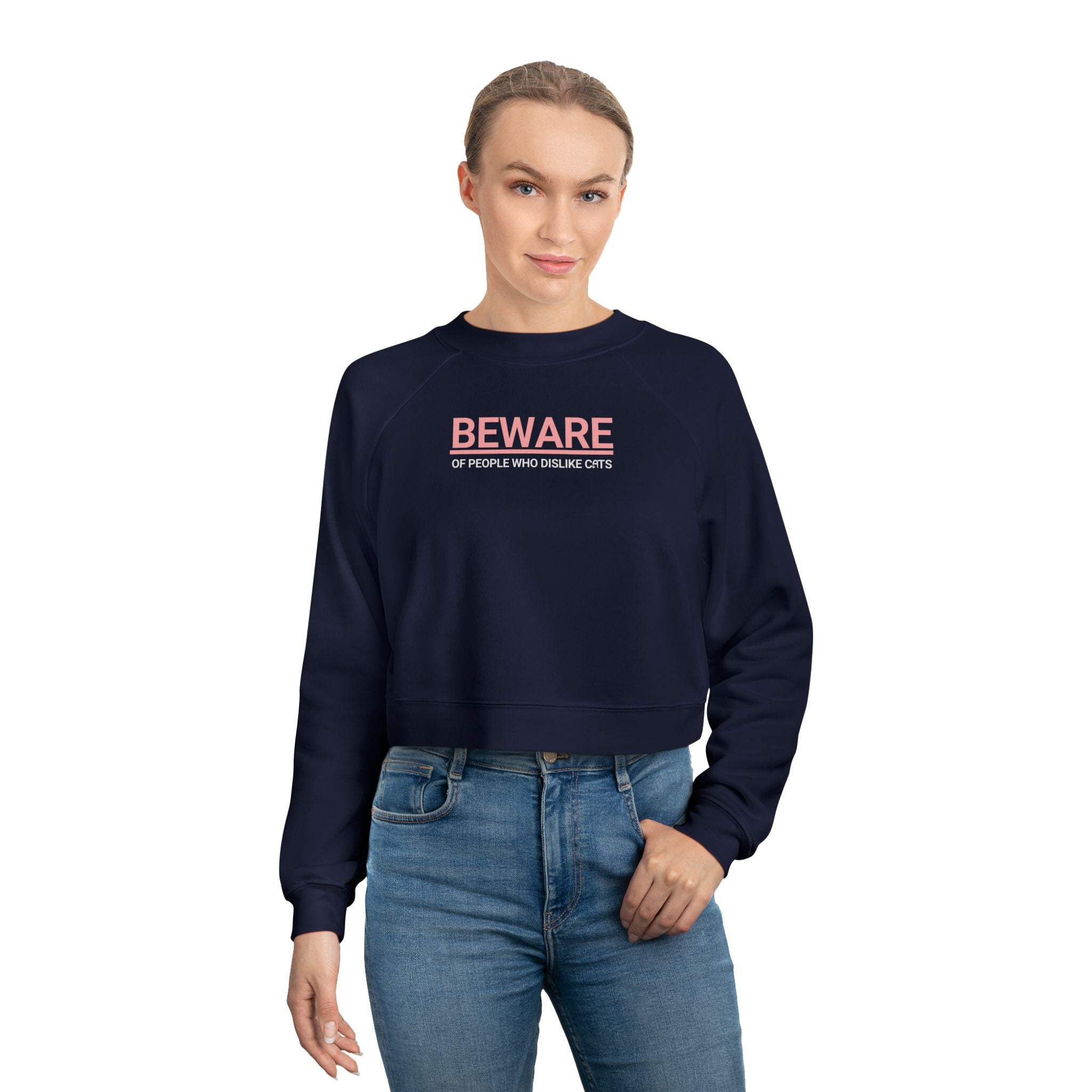 Trendy Cropped Fleece Pullover - Beware of People Who Dislike Cats - Clothing, Sweatshirts, Crop - EpiAl's Shop