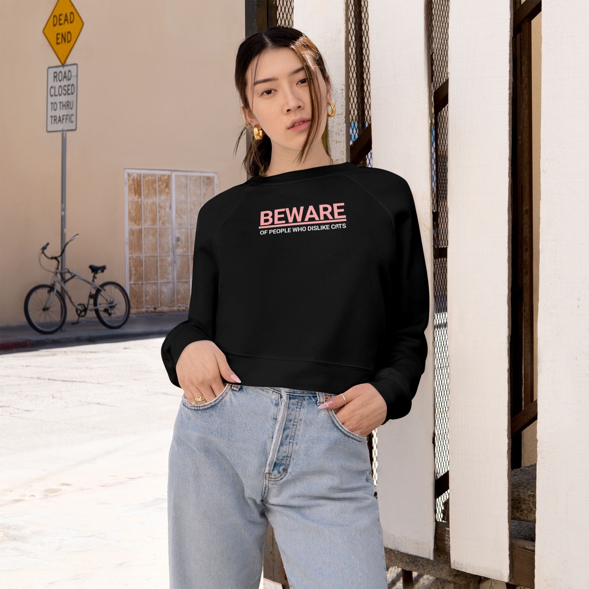 Trendy Cropped Fleece Pullover - Beware of People Who Dislike Cats - Clothing, Sweatshirts, Crop - EpiAl's Shop