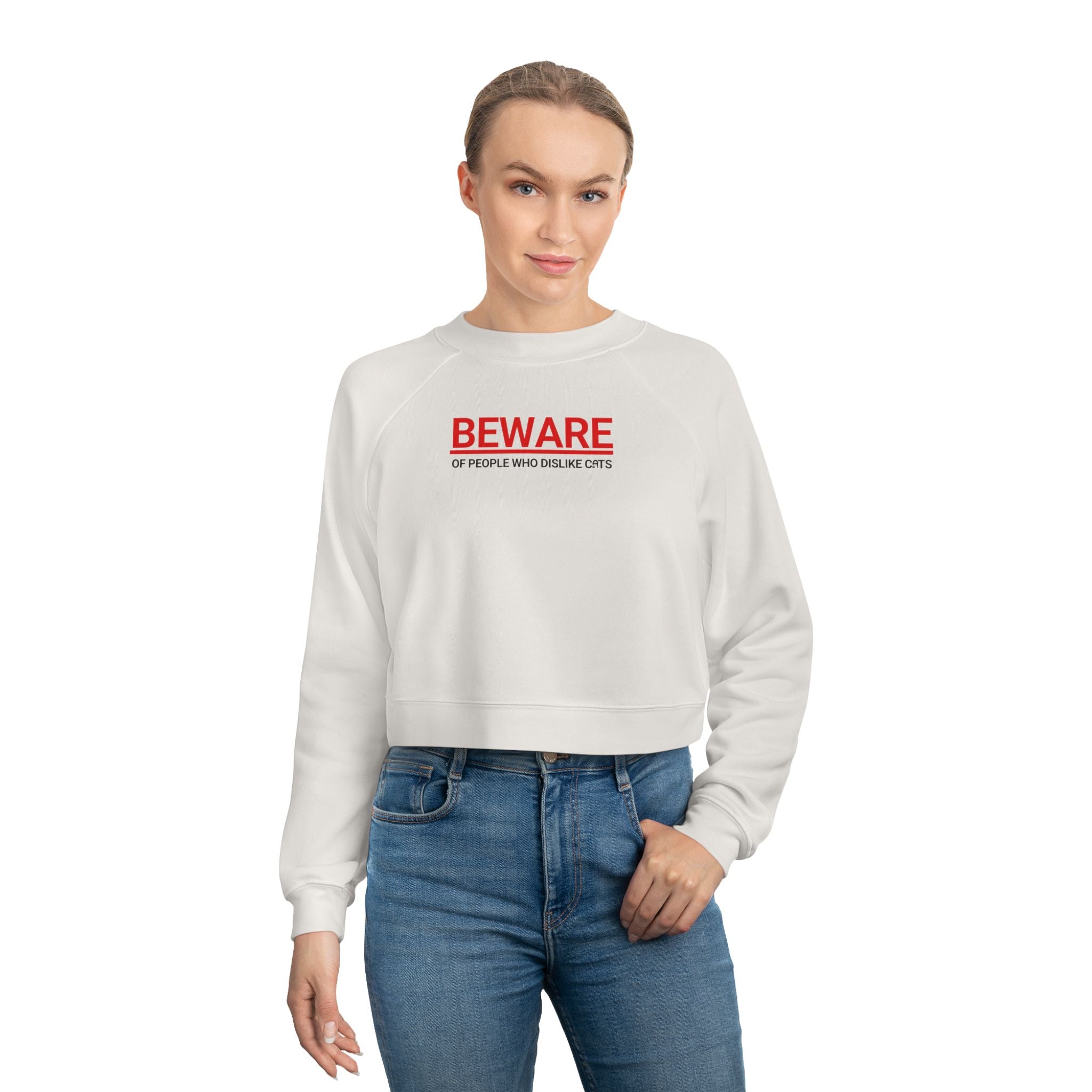 Trendy Cropped Fleece Pullover - Beware of People Who Dislike Cats - Clothing, Sweatshirts, Crop - EpiAl's Shop