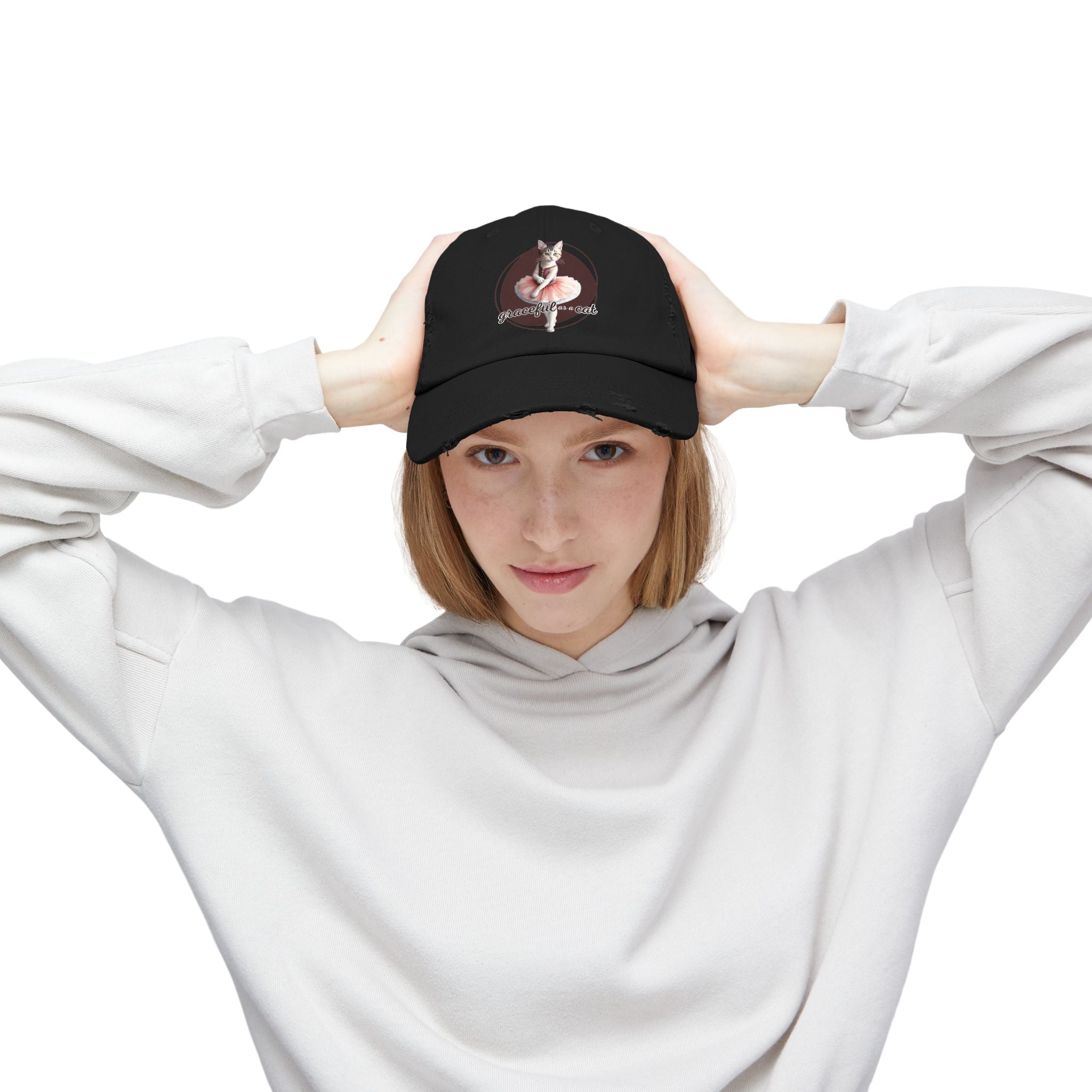 Unisex Distressed Cap - 'Graceful as a Cat' Fun Cat Lover Hat - Hats, Baseball & Trucker - EpiAl's Shop